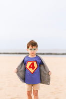 Superhero Birthday Shirt, Number 4, 4th birthday, superman Children Costume, super hero cape, action hero, shield, red yellow blue cake