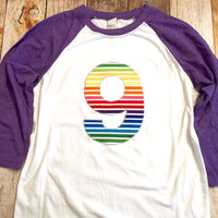 Rainbow birthday shirt, Purple and white raglan, rainbow girls Birthday, fuchsia Pink red green blue yellow, 1 2 3 4 6 7 8 9, unicorn outfit