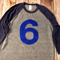 Blue Number Birthday Shirt, baseball sports, 6th Birthday, Boy Navy and Grey raglan, six shirt, 6 year old, cake smash, favors, ideas