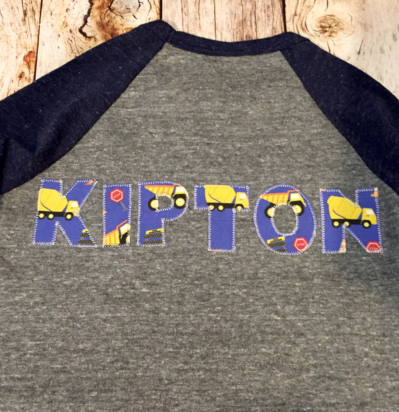 Construction trucks, Custom monogram, birthday shirt, applique word, Personalized, Add NAME, Initial, sewn Letters, dumptuck, cars, vehicle