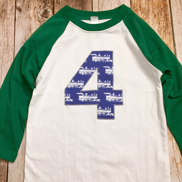 Train birthday shirt, boys train outfit, Kelly Green White Baseball Raglan, blue number, boys Birthday Shirt, 1st, 2nd, 3rd, 4th, 5th, 6th