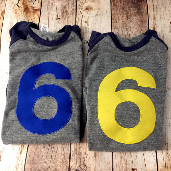 Yellow Number Birthday Shirt, baseball sports, 6th Birthday, Boy Navy and Grey raglan, six shirt, 6 year old, cake smash, favors, ideas