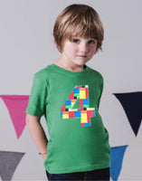 4 green Building brick shirt, four construction blocks birthday outfit, 1 2 3 4 5 Birthday Shirt, 4th primary color blue red yellow plastic