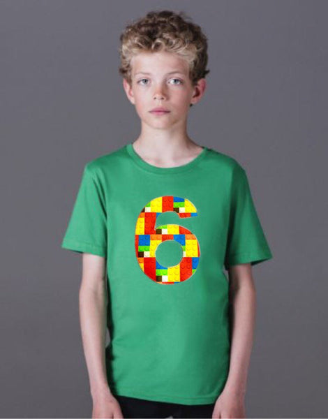 6 green Building brick shirt, six construction blocks birthday outfit, 1 2 3 4 5 Birthday Shirt, 6th primary color blue red yellow plastic