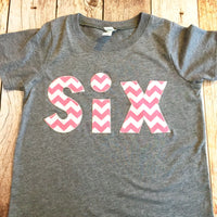 Six Birthday Chevron, 6 Number outfit, girls 6th Birthday Shirt, pink chevron top, cake, favors, banner, bags, card, pink white grey tshirt