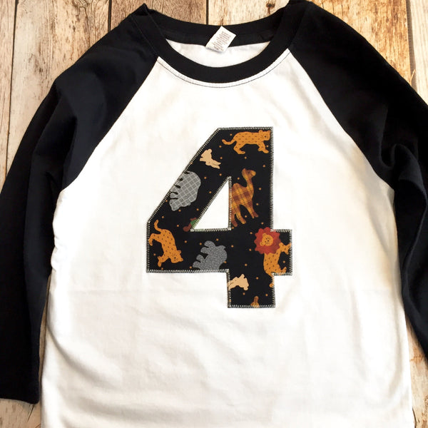 Zoo birthday shirt, jungle birthday outfit, black and white raglan, 1 2 3 4 5 6 7 8 9, elephant, tiger, lion, camel, zoo theme, animals