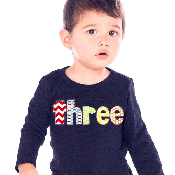 3rd Birthday Shirt boy, three Birthday outfit, 3 year old, navy long sleeves, red chevron pez green circles, primary colors, blue yellow