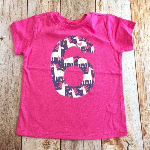 unicorn Birthday shirt, rainbow party invitation, teal pink purple shirt, fabric applique number, 6 year old girl, 6th, six, 1 2 3 4 5 7 8 9