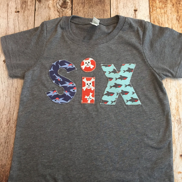 Fish shark six birthday shirt | 6 year old |6th  Birthday Shirt | skull and crossbones/ nautical ocean sea pool party | anchors blue Red
