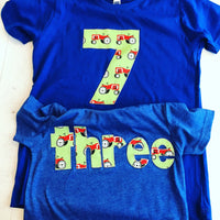 farm tractor birthday outfit 1 2 3 4 5 Birthday Shirt royal blue short sleeve green animal cow pig horse cowboy western cake favors bandana