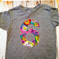 Flower Birthday shirt | flower girl outfit | floral pink purple | fabric applique number | 1 2 3 4 5 6 7 8 year old, 1st 2nd 3rd 4th 5th 6th