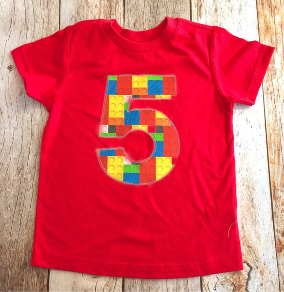 Red brick Birthday shirt, five construction blocks outfit, 4 5 6 7 8 year old, 5th 6th 7th 8th, green blue yellow, invitations, cake, theme