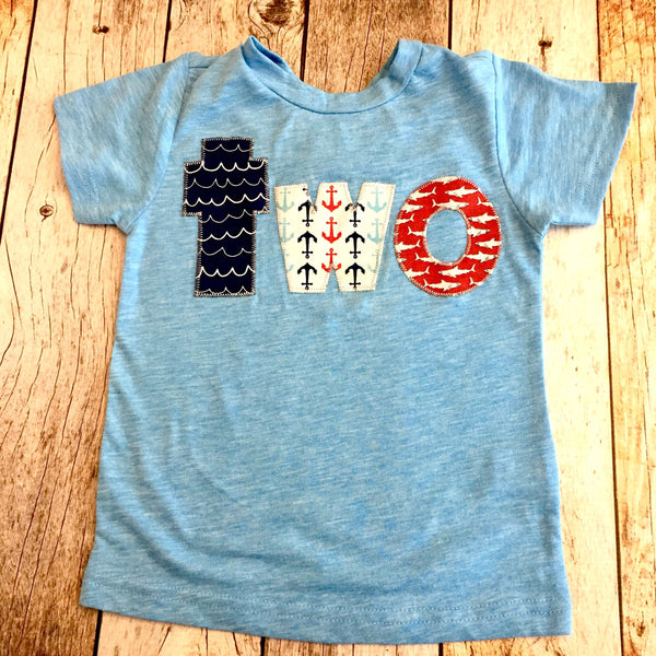 Nautical Birthday Shirt boys 2nd Birthday - whales anchor red navy whales on blue, pirate skulls ship Jolly Roger, ocean sea fish flags