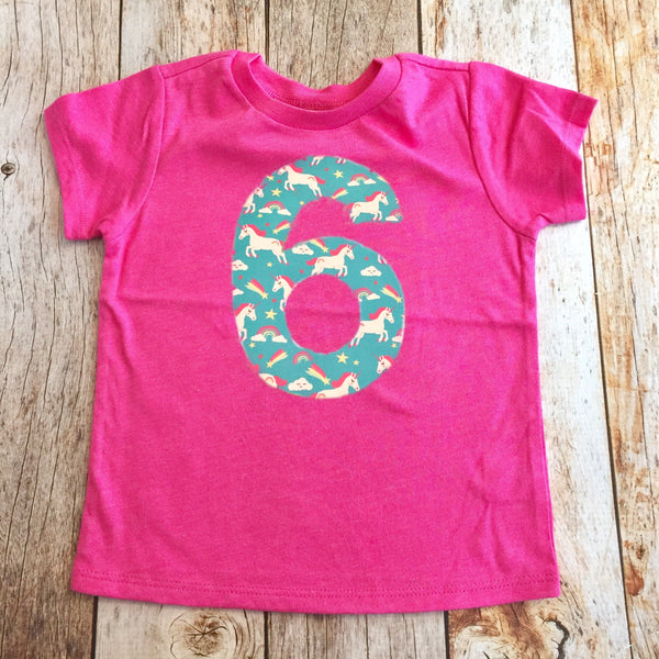 unicorn Birthday shirt, rainbow party invitation, teal pink purple shirt, fabric applique number, 6 year old girl, 6th, six, 1 2 3 4 5 7 8 9