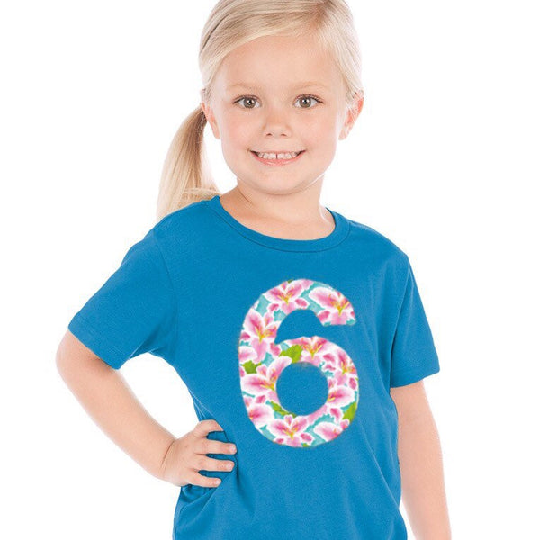 Lily Birthday shirt, aqua party outfit, invitation, teal pink green flower, fabric applique girl, 6th, six, 1 2 3 4 5 6 7 8 year old