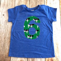 Cow farm birthday outfit 1 2 3 4 5 Birthday Shirt royal blue short sleeve green grass animal dairy pig horse cowboy western cake favors band