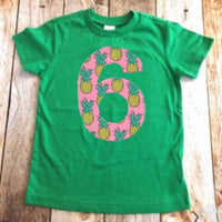 Pineapple Birthday shirt, Hawaii party outfit, invitation, pink green fruit, fabric applique girl, 6th, six, 1 2 3 4 5 6 7 8 year old