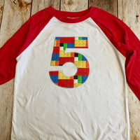 5th construction block 5 Birthday shirt Building Brick primary black white Red and White Raglan boys toys party cake 1 2 3 4 6 7 8 9