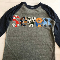 Sports birthday shirt, baseball football soccer balls basketball hockey, seven, 7 year old, 7th birthday boy, navy blue and grey raglan