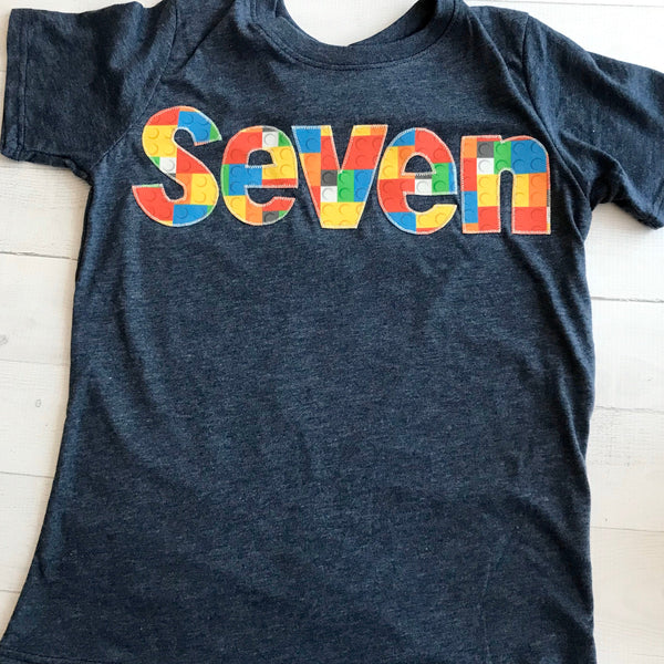 7th construction block 7 Birthday shirt seven Building Brick primary color white heathered Navy boys toys party cake coding 4 5 6 8 spelled