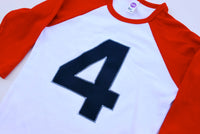 Red and White Raglan Birthday Shirt 80s Retro Baseball Shirt boys 4th birthday four year old number 4 age in navy blue
