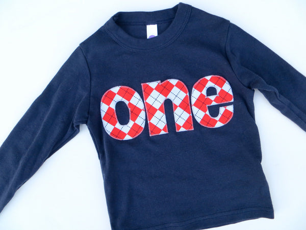 one lowercase red argyle on long sleeve navy shirt  for 1st Birthday Shirt