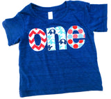 Fan Photo one lowercase with circus elephant birthday on triblend indigo for boys 1st Birthday Shirt