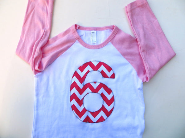 Giant Number First Birthday Shirt- Fuchsia Chevron Pink 6th Birthday T Shirt for Girl