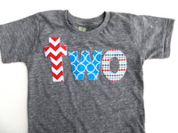 two lowercase with circus birthday theme in turquoise, aqua, teal and red on triblend grey for boys 2nd Birthday Shirt
