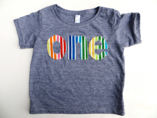 one lowercase with rainbow stripes red orange yellow green blue 1st Birthday Shirt