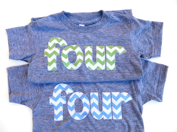 four for 4th Birthday Chevron Number -  Pick a chevron color Birthday Shirt- green and blue are shown