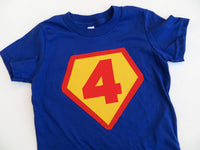 Superhero Birthday Shirt, Number 4, 4th birthday, superman Children Costume, super hero cape, action hero, shield, red yellow blue cake