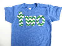 Fan Photo lowercase two Birthday Shirt  in short sleeve athletic blue with kelly green chevron for 2 year old