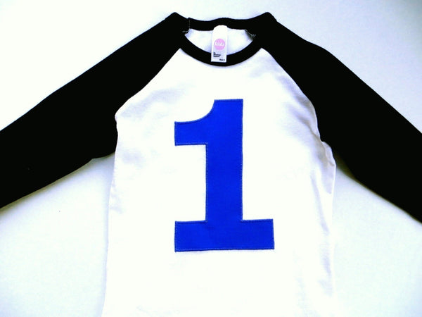 Black and White Baseball Raglan with royal 1- Birthday T Shirt- 1st, 2nd, 3rd Any Birthday 1 2 3 4 5