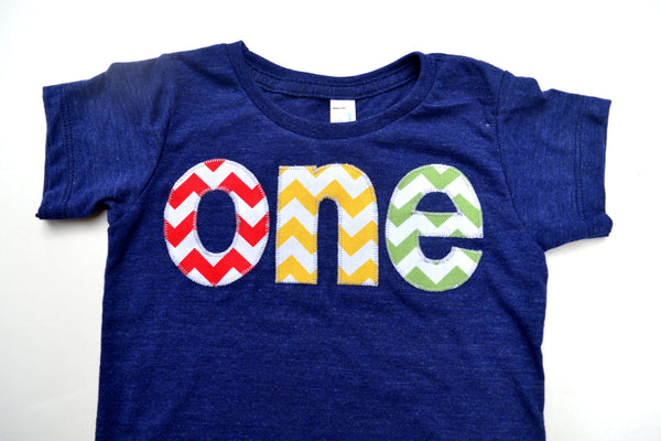 one for 1st Birthday chevron Number for any Birthday- pick your colors- red, yellow, grass green on triblend indigo