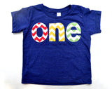 one for 1st Birthday chevron Number for any Birthday- pick your colors- red, yellow, grass green on triblend indigo