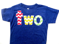chevron Birthday Shirt two for 2nd 2 two chevron Number for any Birthday- pick your colors- red, yellow, grass green on triblend indigo