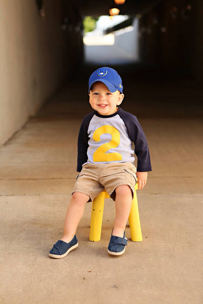 Fan Photo- Any Number Birthday Shirt- Raglan 2nd Birthday T Shirt Boy Navy and Grey with Yellow Number