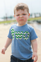 Fan Photo lowercase two Birthday Shirt  in short sleeve athletic blue with kelly green chevron for 2 year old
