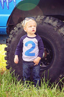 FAN PHOTO Any Number Navy and Grey Raglan with royal blue number Birthday Shirt sunglasses  Monster Truck
