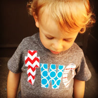 two lowercase with circus birthday theme in turquoise, aqua, teal and red on triblend grey for boys 2nd Birthday Shirt