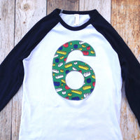 Building Brick 6 Birthday Shirt x-tra big number Navy blue White Raglan green red six 6th stackable block toy box tech stem coding robotic