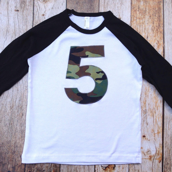 Camouflage army birthday shirt deer hunter navy marines air force black and white raglan army men military Boys 1 2 3 4 5 6 7 8 9