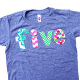 five lowercase with damask flowers, pink chevron, green circles, dots  girls mix Triblend Grey Hip Birthday Shirt