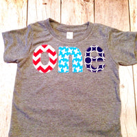 Red aqua navy birthday shirt Triblend grey short sleeves one 1st Birthday outfit boy red chevron, aqua airplane, navy blue boys party