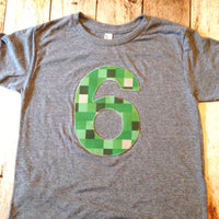 Triblend grey tnt ANY NUMBER green 8 pixel video game Fabric Birthday Shirt older kids 7th 8th 9th birthday boy tnt water land hacks 6 7 8 9