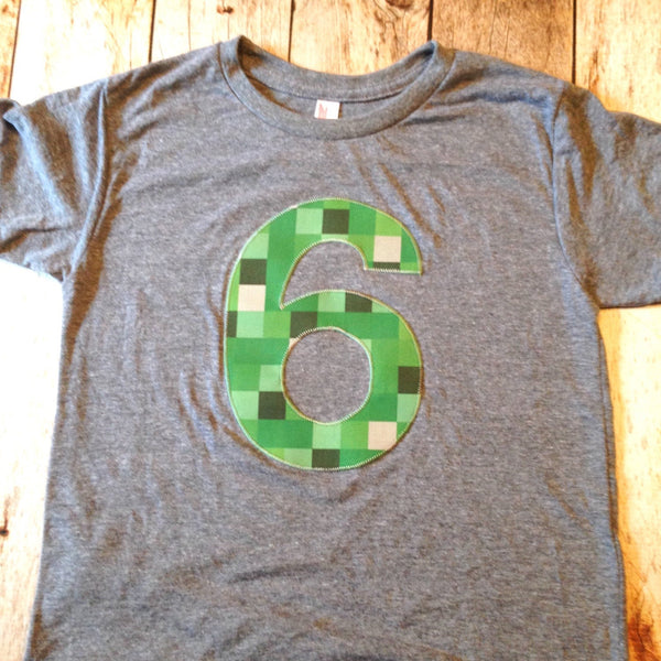 Triblend grey tnt ANY NUMBER green 8 pixel video game Fabric Birthday Shirt older kids 7th 8th 9th birthday boy tnt water land hacks 6 7 8 9