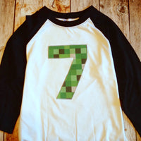 Mine pixel birthday shirt craft made black baseball raglan ANY NUMBER green 8 pixel video game Fabric Birthday Shirt 7th 8th 9th tnt 6 7 8 9