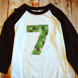 5 Mine pixel birthday shirt craft made black baseball raglan ANY NUMBER green 8 pixel video game Fabric Birthday Shirt 7th 8th 9th tnt 6 7 8