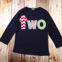 red aqua green birthday shirt Navy long sleeve FAN PHOTO lowercase two with red chevron, blue pez, green circles for 2 year old boys 2